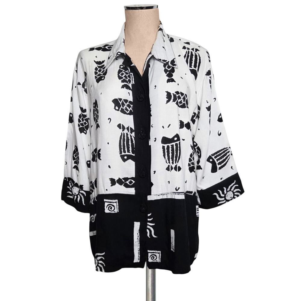 Vintage Y2K SPA Brand Fish Bone Tribal Print Blouse Top Shirt L